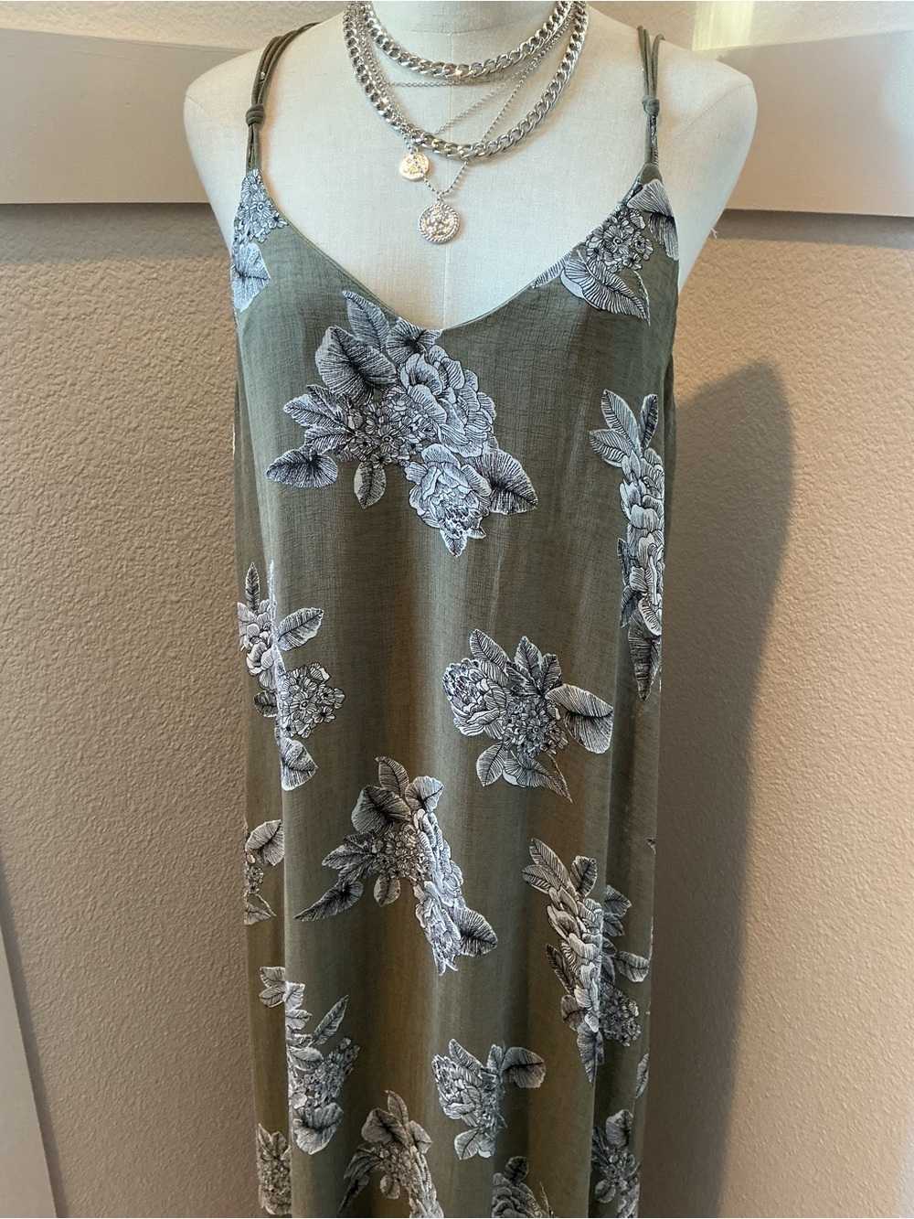 Love Stitch Olive Green Floral Maxi Dress with Black & White Print - Picture 3 of 10